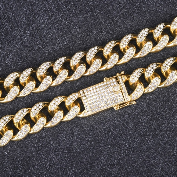 Mens cuban ice bling gold necklace chain set - Picture 2 of 6